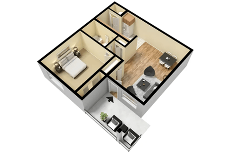 3d floor plan of a home with a bedroom and a living room